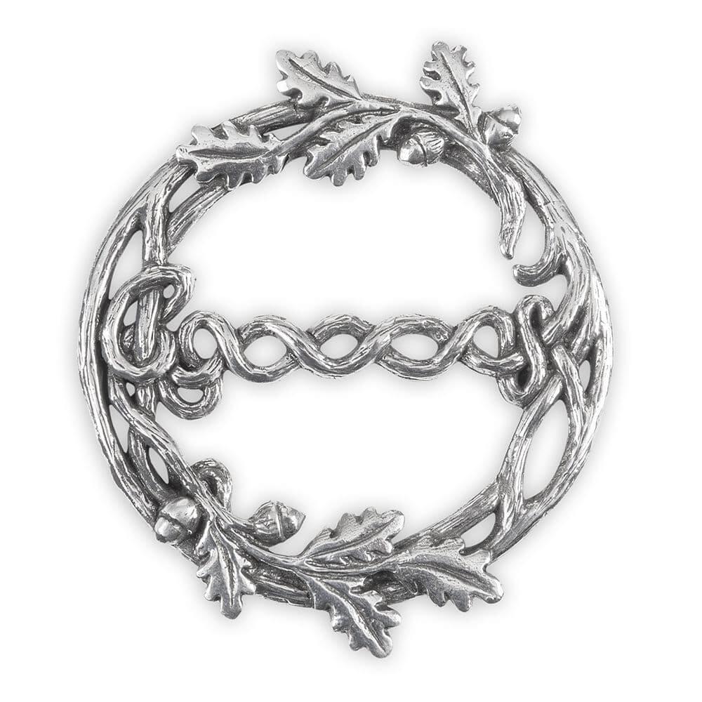 Premium British pewter acorn scarf ring featuring an intricate oak leaf design