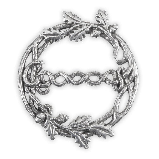 Premium British pewter acorn scarf ring featuring an intricate oak leaf design