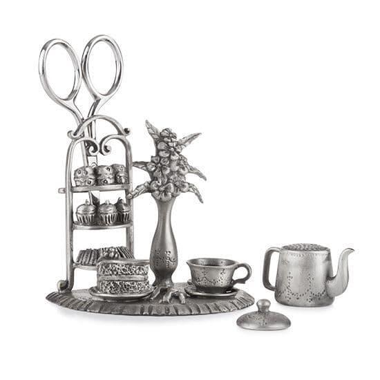Handcrafted pewter sewing station with afternoon tea design and included sewing tools by My Store