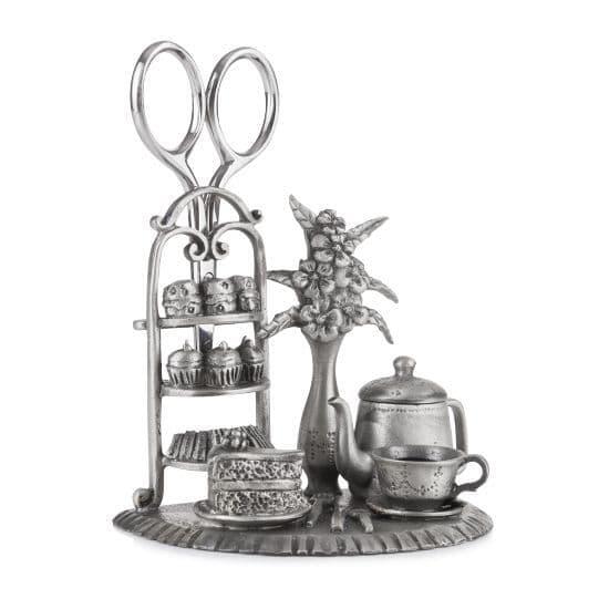 Handcrafted pewter sewing station with afternoon tea design and tools, by My Store, perfect for craft room decor.