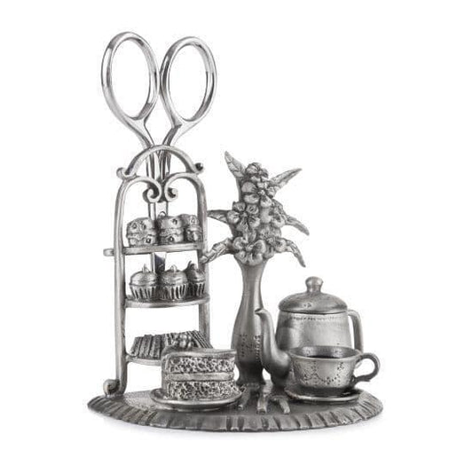 Handcrafted pewter sewing station with afternoon tea design and tools, by My Store, perfect for craft room decor.