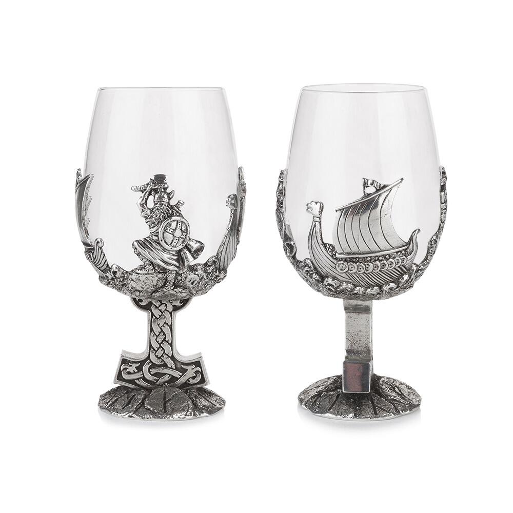 Pewter wine glass with Viking warrior design and Thor's hammer stem on clear crystal