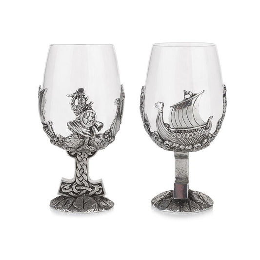 Pewter wine glass with Viking warrior design and Thor's hammer stem on clear crystal