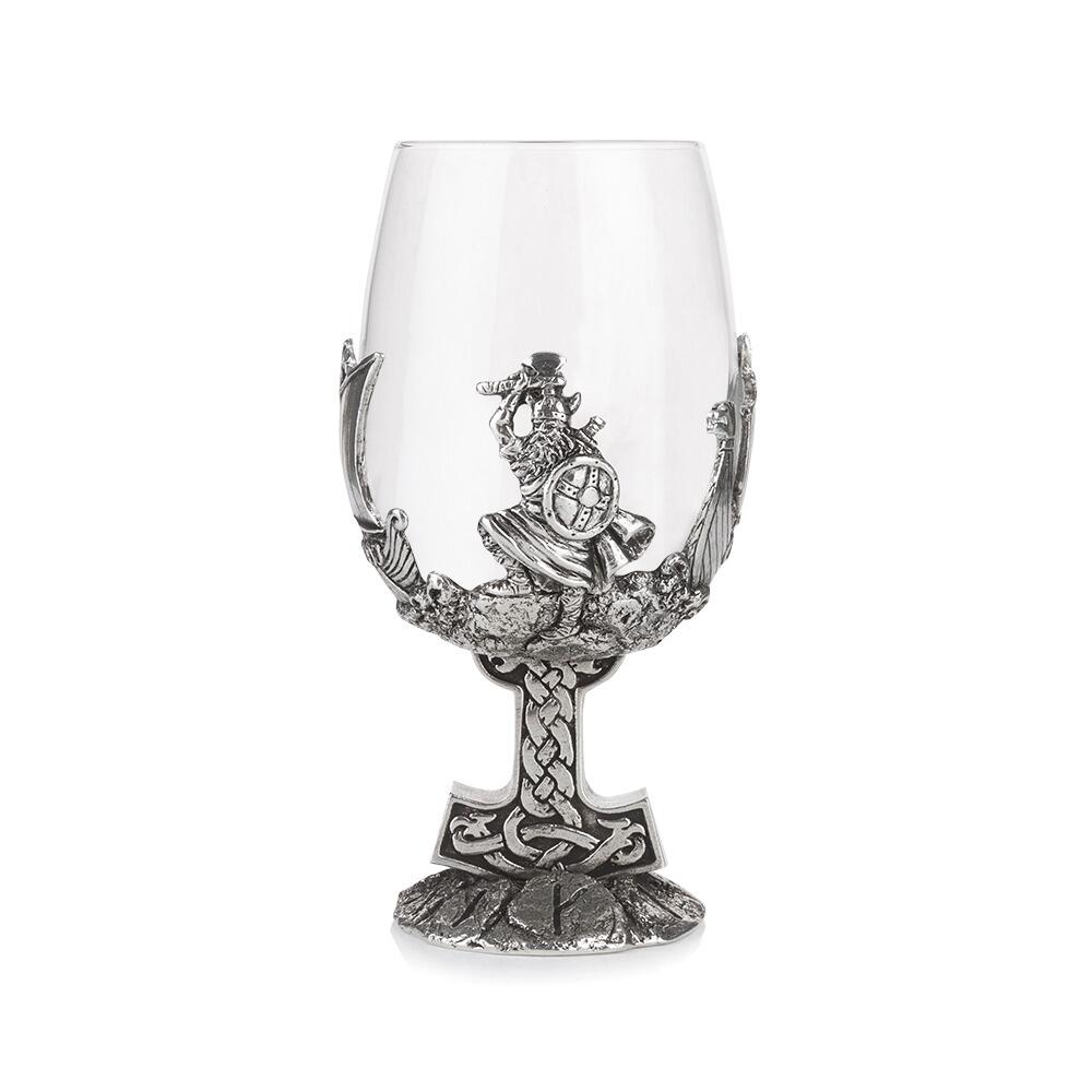 Pewter wine glass with Viking warrior design and Thor's hammer stem on clear crystal