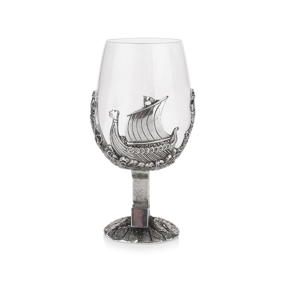 Pewter wine glass with Viking Longboat design and Thor's hammer stem on clear crystal