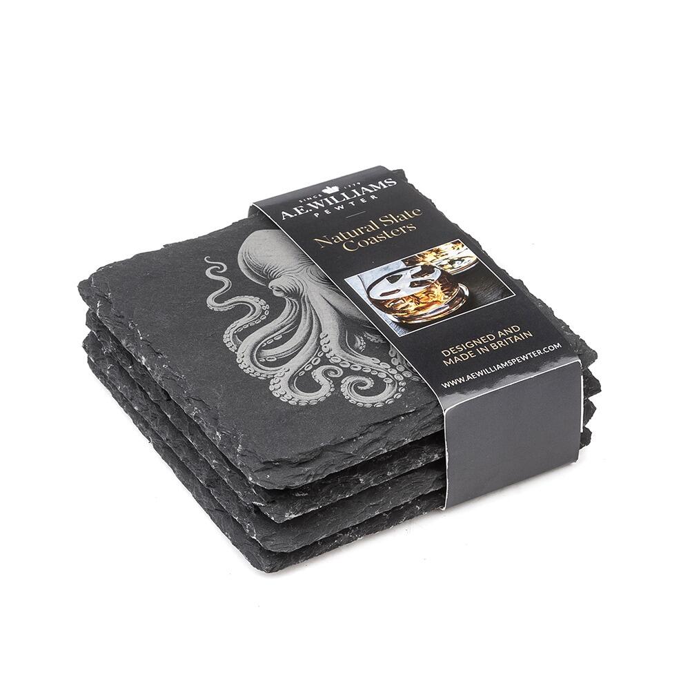 The top coaster features an engraved Octopus design. A product label wraps around the stack, displaying the brand name, product type 'Natural Slate Coasters', and an image of a whiskey glass on a coaster. The label states 'Designed and Made in Britain' and includes the company website.