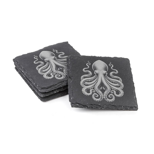 Natural slate coasters with etched octopus design displayed in stacked arrangement