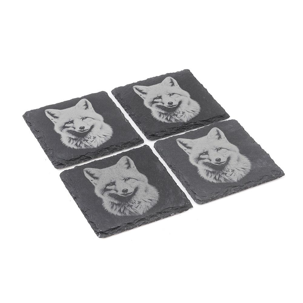 Set of four natural slate coasters with etched Fox design
