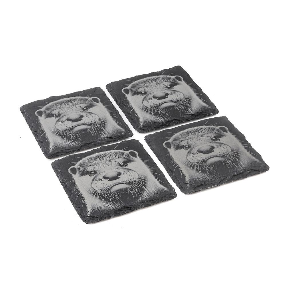 Set of four natural slate coasters with etched Otter design