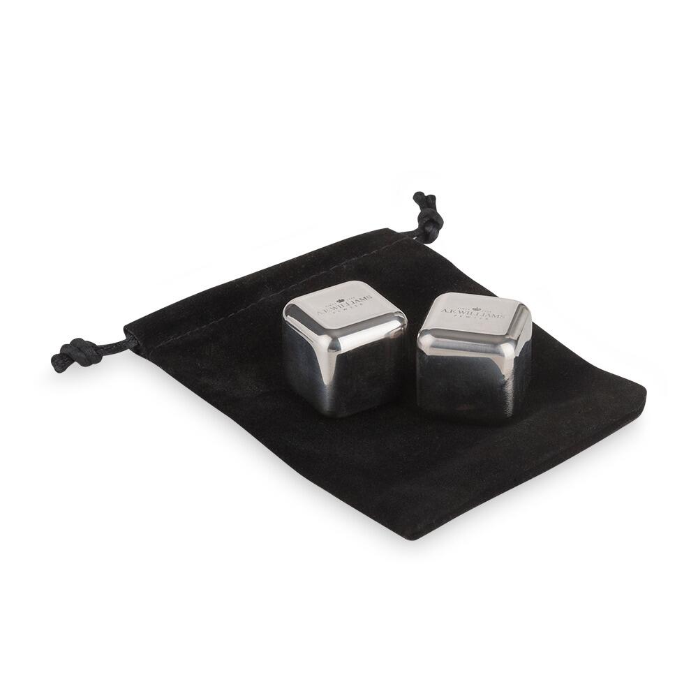 Two stainless steel whisky stones on a black velvet drawstring pouch