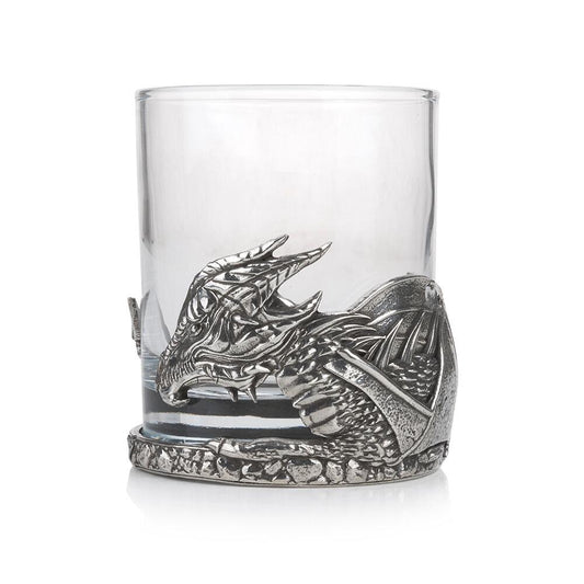 Glass tumbler with pewter dragon-themed base