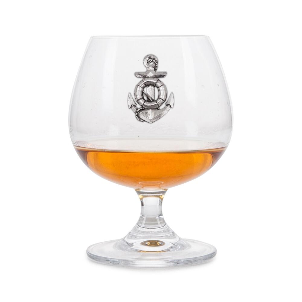 Brandy Glass with a Pewter badge on the front