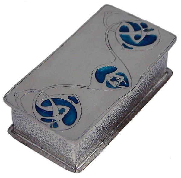 Art Nouveau pewter box with intricate designs by Archibald Knox, showcasing artisan craftsmanship.