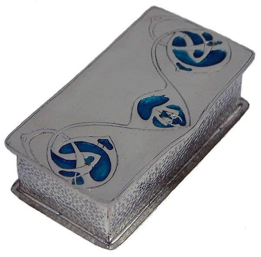 Art Nouveau pewter box with intricate designs by Archibald Knox, showcasing artisan craftsmanship.