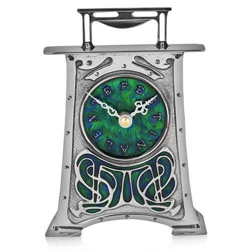 Artisan-made Archibald Knox clock in British pewter with intricate Arts and Crafts design