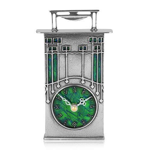 Archibald Knox Clock 46 in British pewter with Celtic design, featuring intricate detailing and a classic Arts and Crafts st