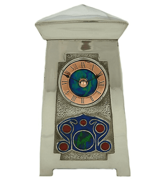 Archibald Knox mantel clock featuring a copper dial and enamelled Celtic design panel