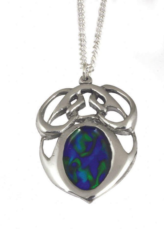Art Nouveau enamelled pendant in vibrant colors by My Store, featuring intricate Celtic designs on British pewter.