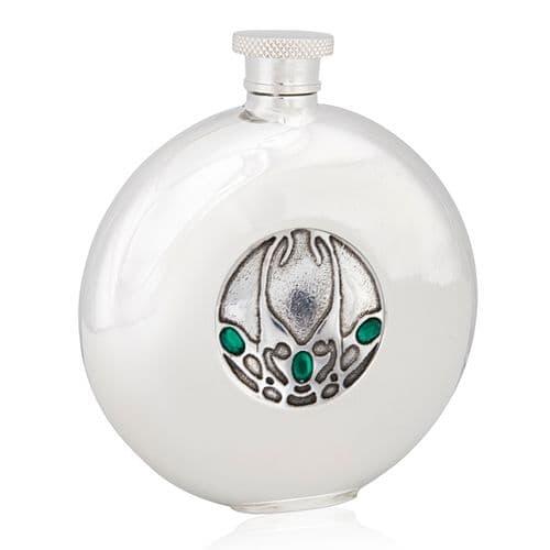 Engraved round pewter flask by My Store, featuring a classic design for adventure enthusiasts.