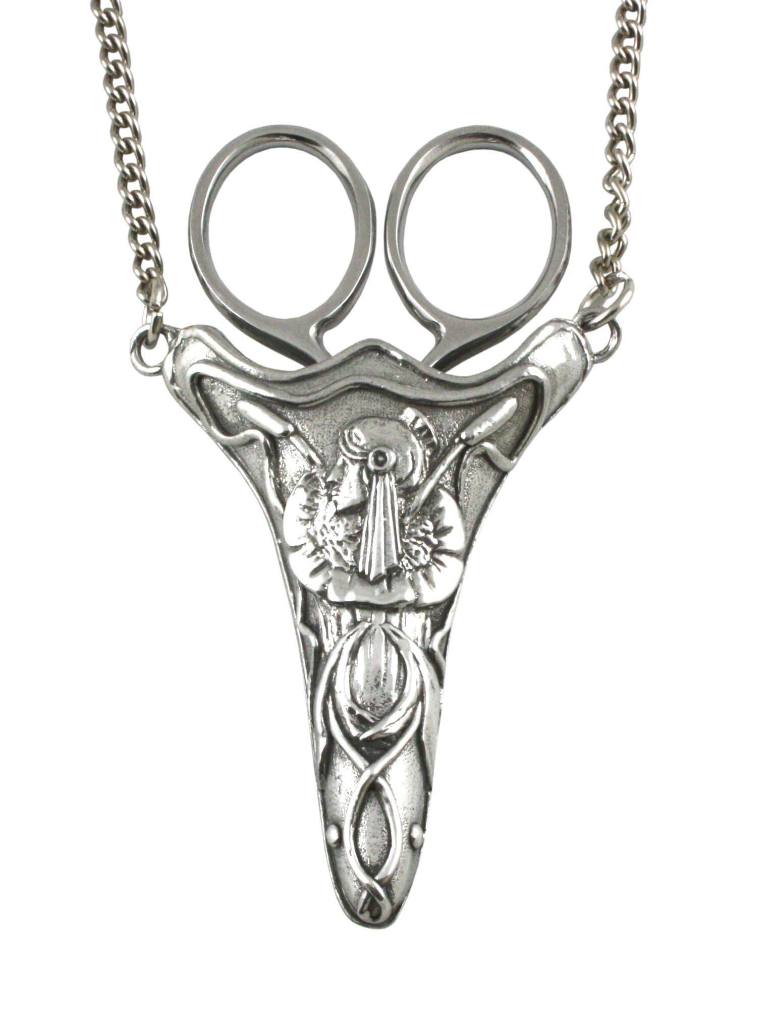 Victorian pewter chatelaine with scissors on a 30-inch chain, Art Nouveau style, by My Store.