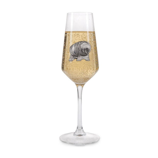 Crystal champagne flute with pewter champagne barrel emblem, filled with bubbly champagne