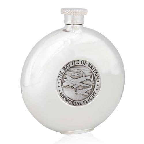 Round pewter flask featuring Battle of Britain design, collectible British heritage item by My Store