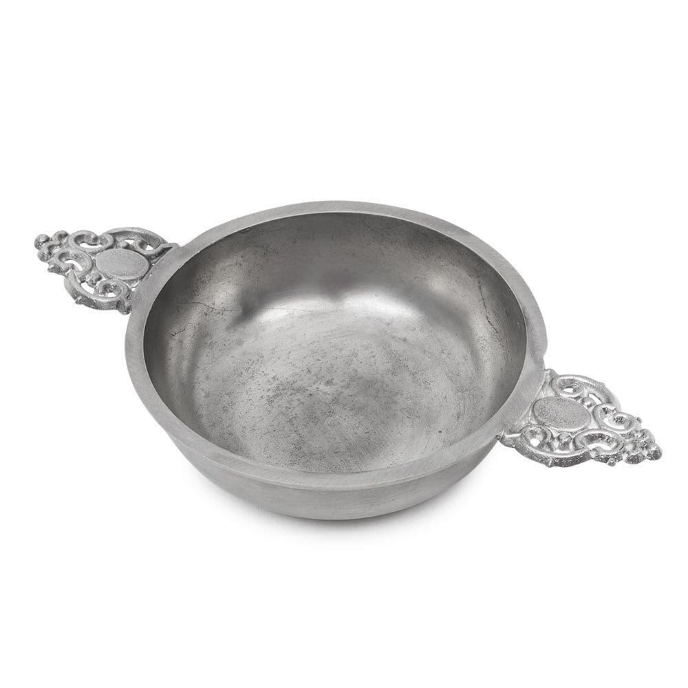 Artisan Bavarian porringer in British pewter, featuring intricate detailing and a classic bowl shape.