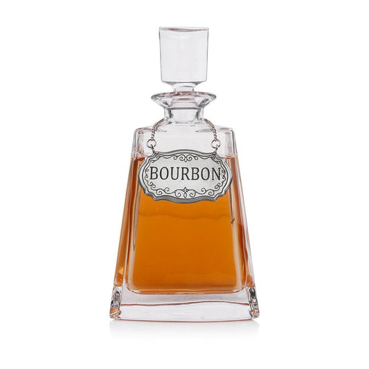 Luxury glass decanter with handmade pewter label, customizable for bourbon, brandy, or gin by The Gifting Corner