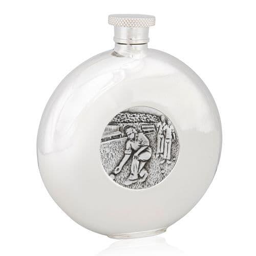 Round pewter flask with bowling design, branded by My Store, ideal for gifts and drinkware.