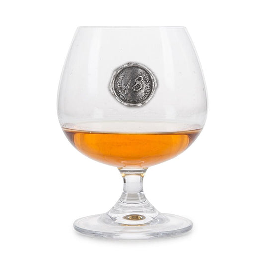 Brandy Glass with a Pewter 18 Monogram badge on the front