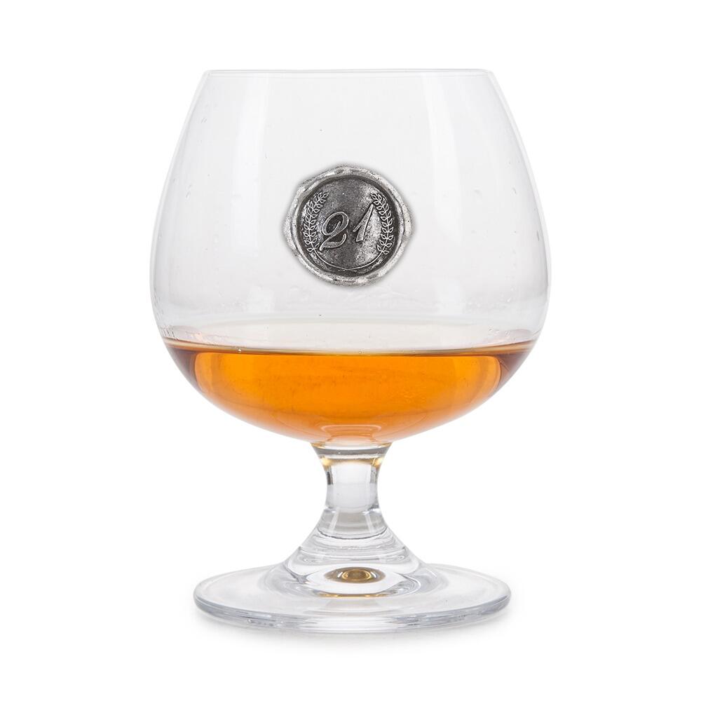 Brandy Glass with a Pewter 21 Monogram badge on the front