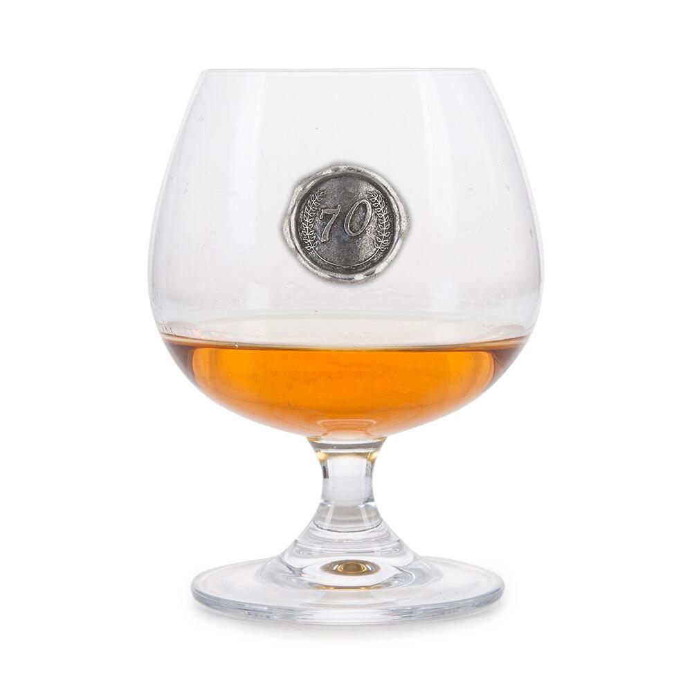 Brandy Glass with a Pewter 70 Monogram badge on the front