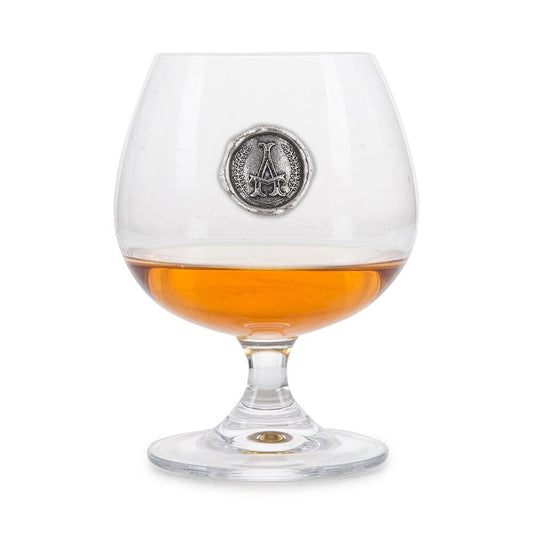 Brandy Glass with a Pewter A Monogram badge on the front