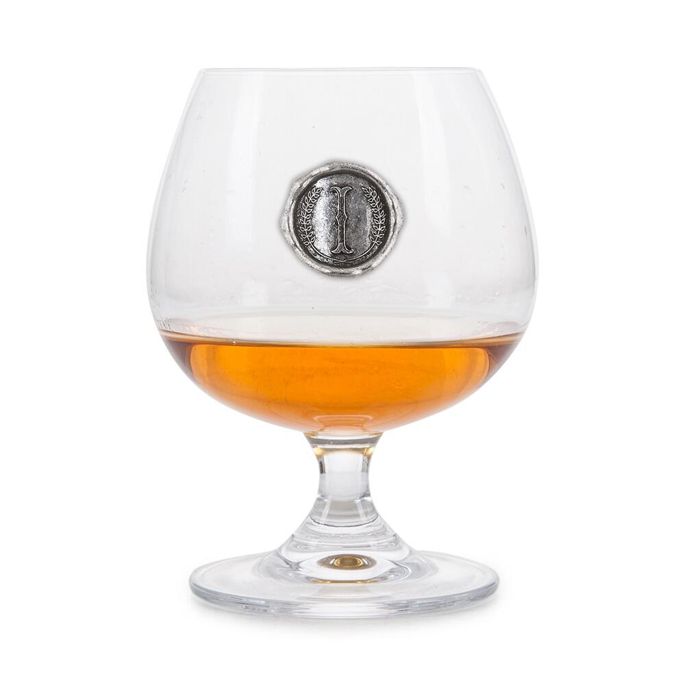 Brandy Glass with a Pewter I Monogram badge on the front
