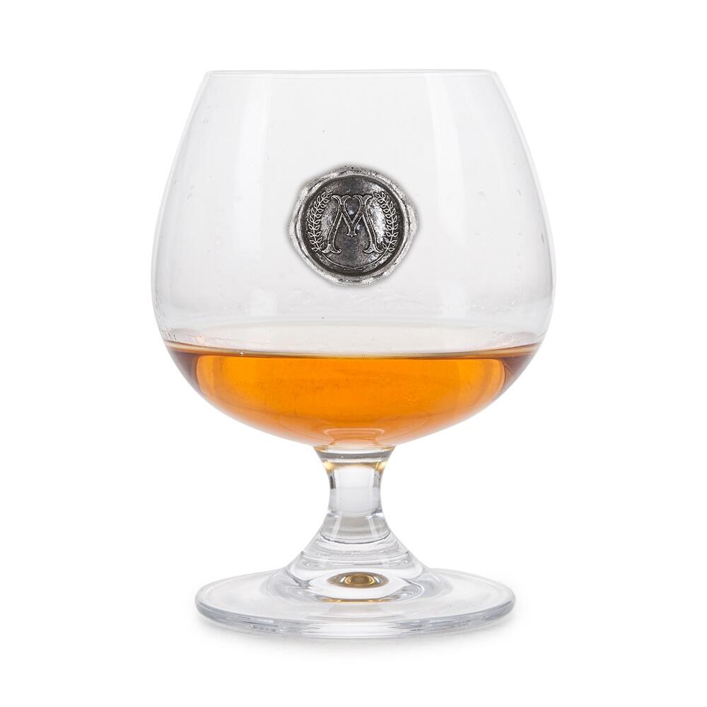 Brandy Glass with a Pewter M Monogram badge on the front