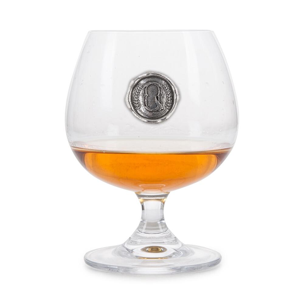 Brandy Glass with a Pewter Q Monogram badge on the front