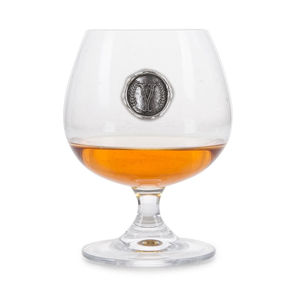 Brandy Glass with a Pewter V Monogram badge on the front