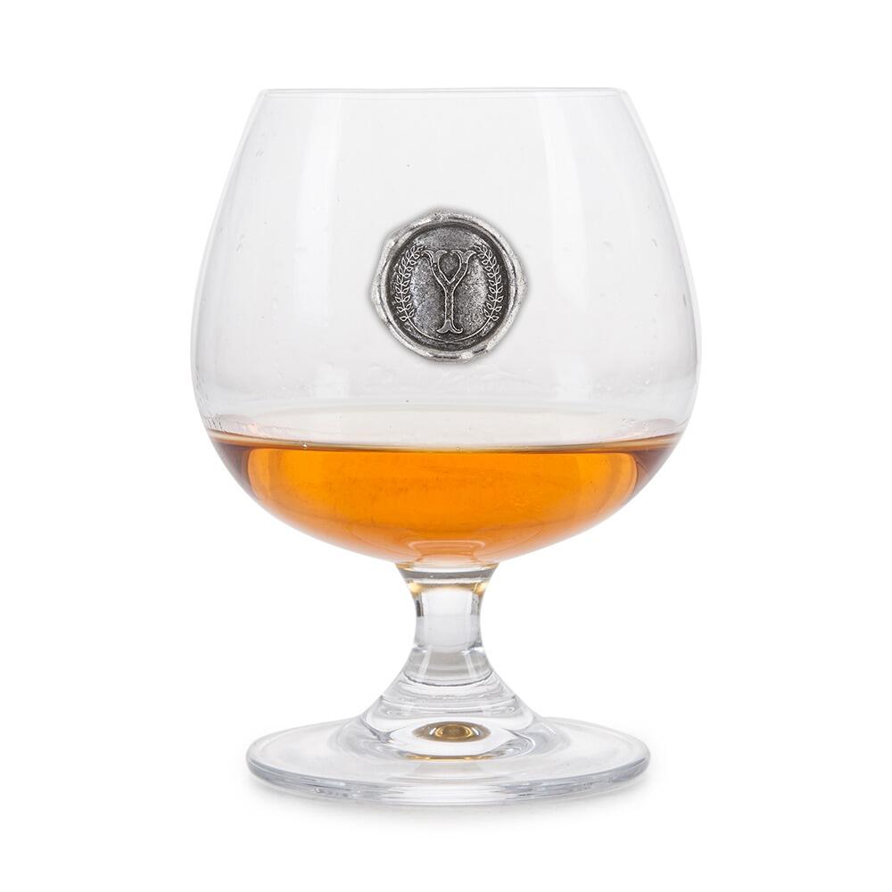 Brandy Glass with a Pewter Y Monogram badge on the front