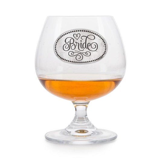 Brandy Glass with a Pewter Bride badge on the front