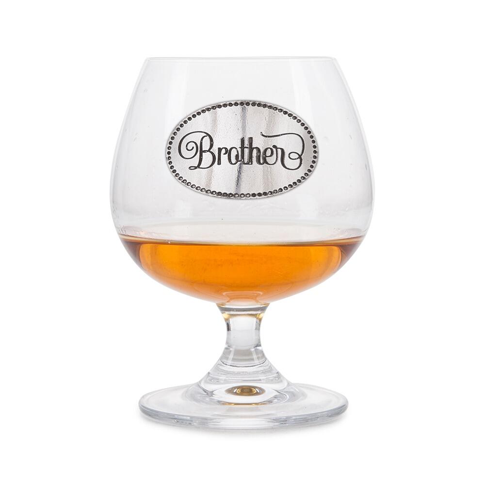 Crystal brandy snifter with pewter "Brother" badge