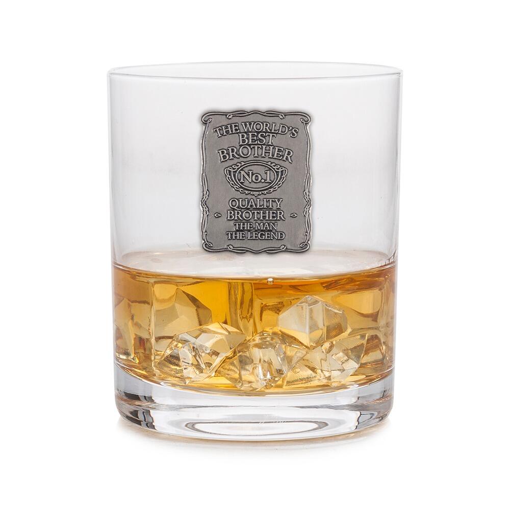 A Whisky Tumbler with a Pewter Label of Worlds Best Brother on the front