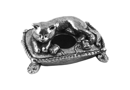 British-made pin cushion featuring a cat design on a soft pillow, ideal for craft room decor.
