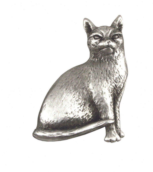 Detailed pewter lapel pin featuring sitting cat with textured fur finish