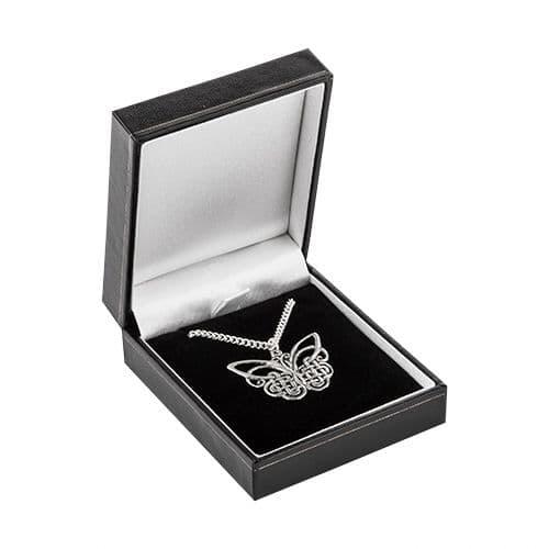 Celtic butterfly pendant in British pewter with intricate design, ideal for affordable jewelry lovers