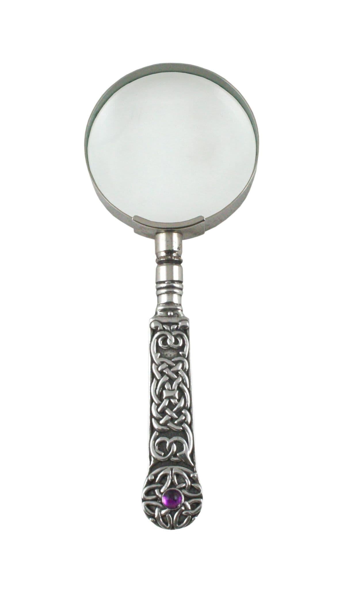 Celtic cross design hand magnifier with stone accents, British made by My Store, decorative desk accessory.