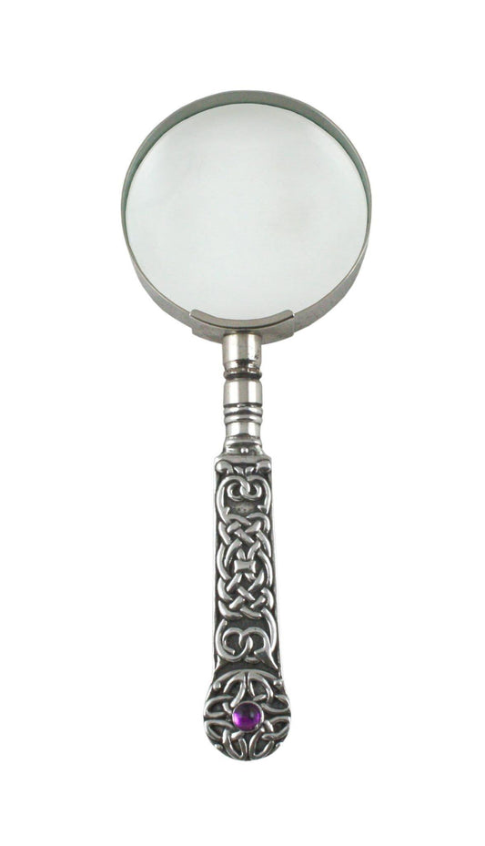 Celtic cross design hand magnifier with stone accents, British made by My Store, decorative desk accessory.