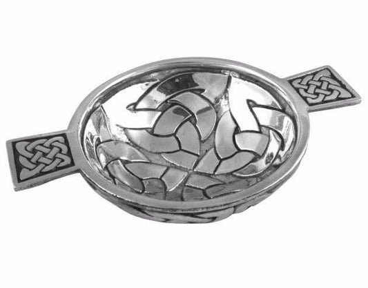 Large pewter Celtic Knot quaich bowl with intricate handcast design, perfect for ceremonial use or as a gift.