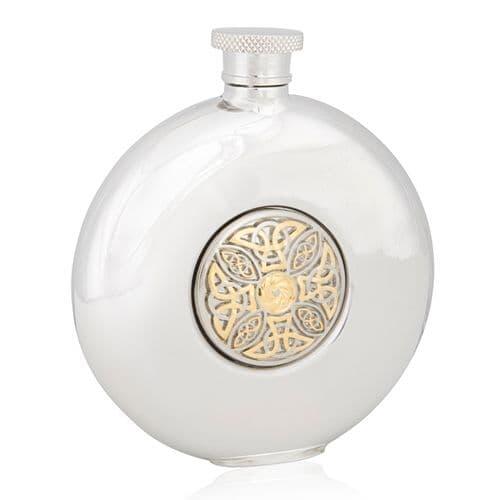 Two-tone round flask featuring a Celtic knot design, crafted from British pewter by My Store.