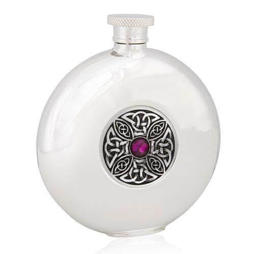 Round British pewter flask featuring a Celtic knot design, available with optional engraving.