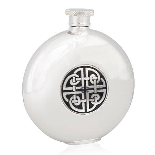 Celtic knotwork design on a 4.5oz round stainless steel flask by My Store, available in gift box.